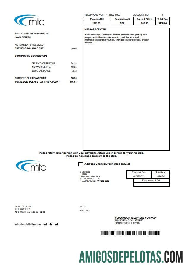 Em branco modelo de conta de serviços públicos MTC dos EUA Illinois em formato Word e PDF